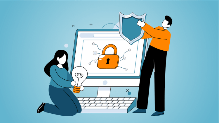 illustration de deux personnages et un ordinateur pour représenter la cybersécurité