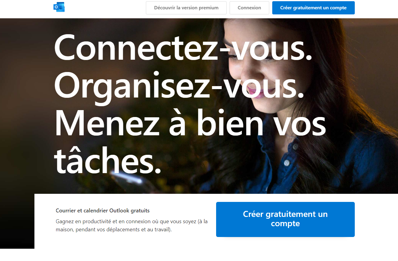 Page d'accueil Outlook.com avec option de création de compte gratuit