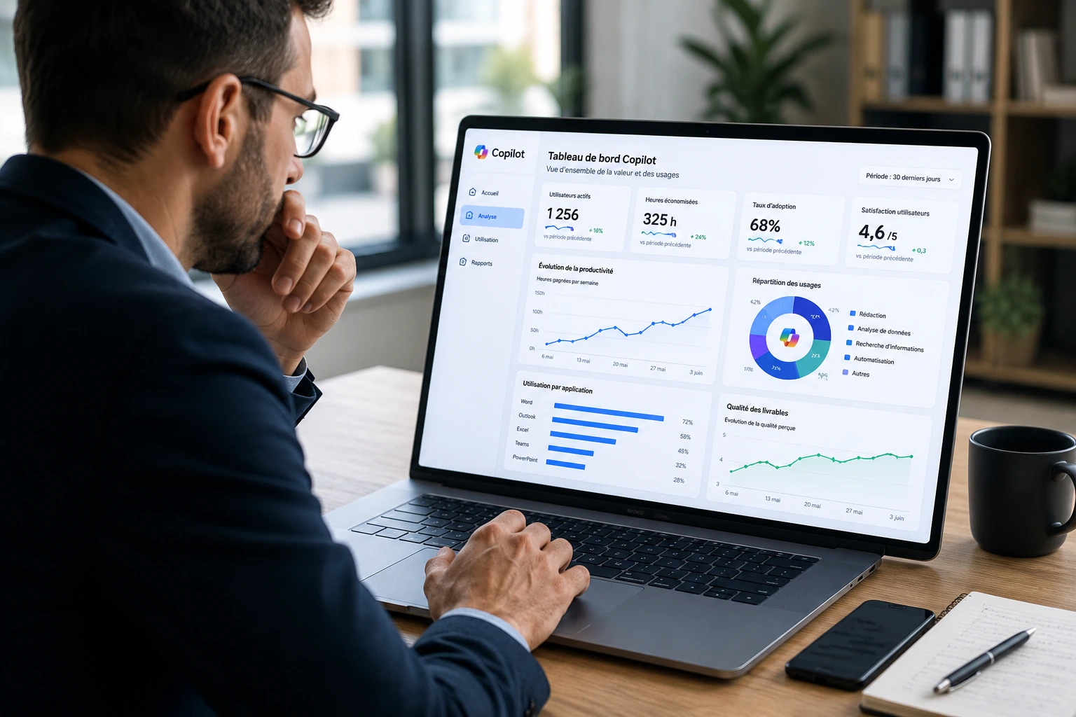 Manager analysant un tableau de bord KPI Copilot sur ordinateur