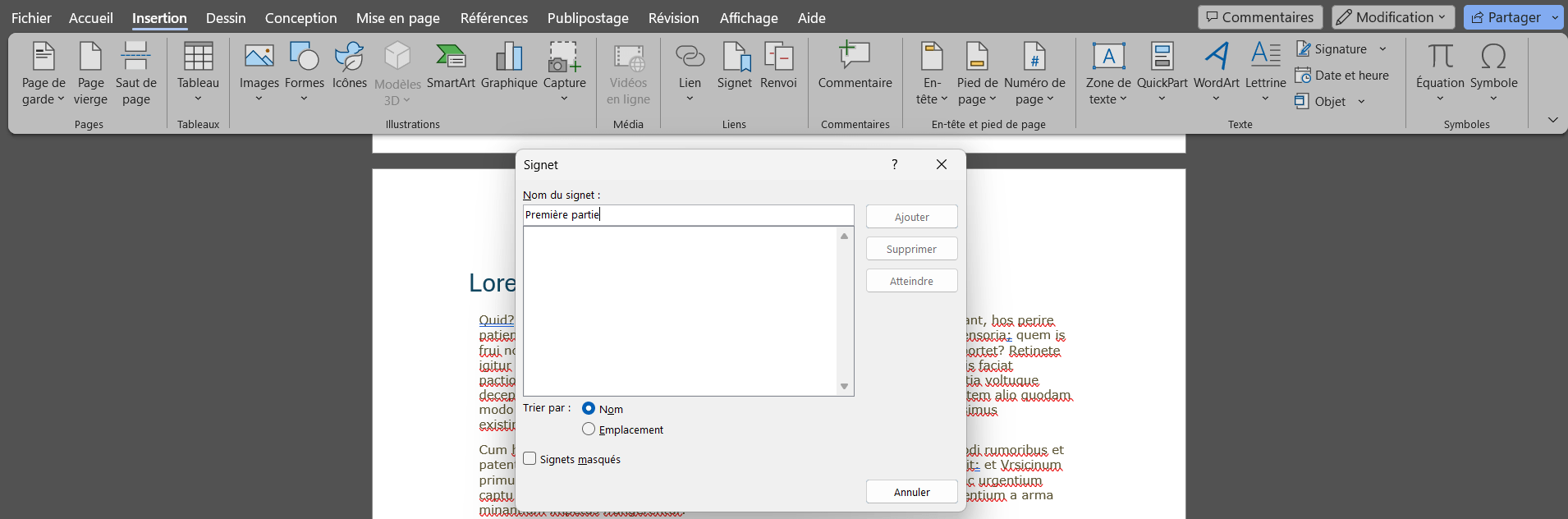 Insérer des signets dans un document Word