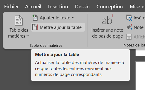 Mettre à jour la table des matières dans word
