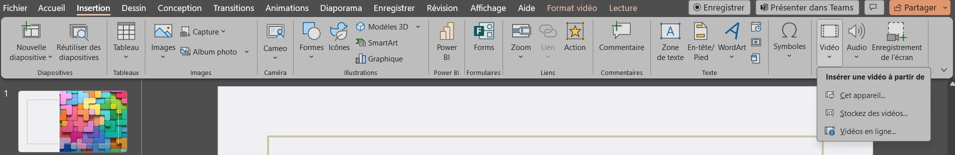 Accéder à l'onglet insertion dans PowerPoint