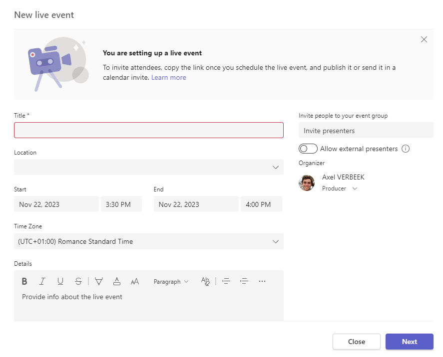 Schedule live event details in Teams