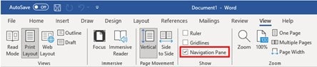 Accessing the navigation pane in Word