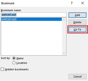 Jumping between sections using bookmarks in Word