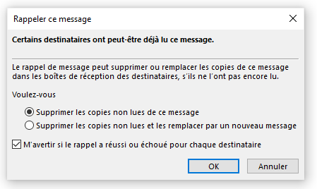 Option rappeler ce message dans Outlook
