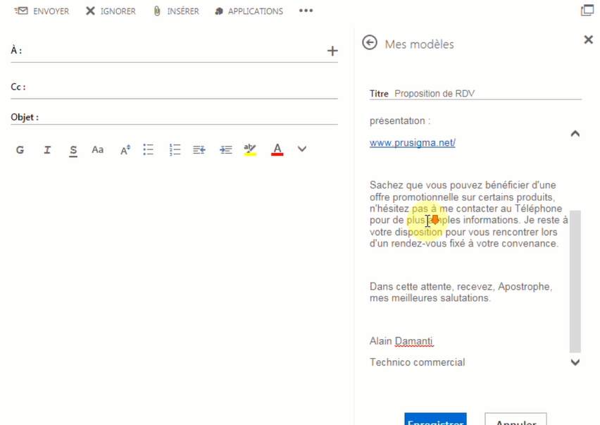 Sélectionner l'application mes modèles dans Outlook