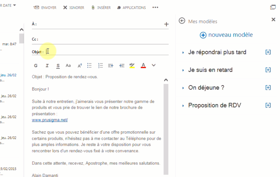Insérer un modèle de mail enregistré dans Outlook
