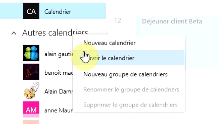 Option 'Ouvrir le calendrier' dans Outlook