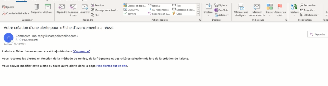 Confirmation de création d'alerte dans Lists
