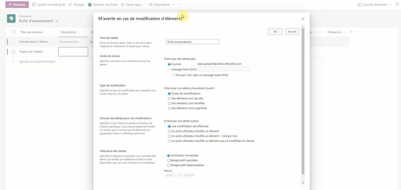 Création d'une alerte dans Microsoft Lists