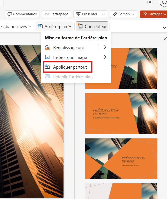 Bouton Appliquer partout pour appliquer le fond sur toutes les diapositives powerpoint