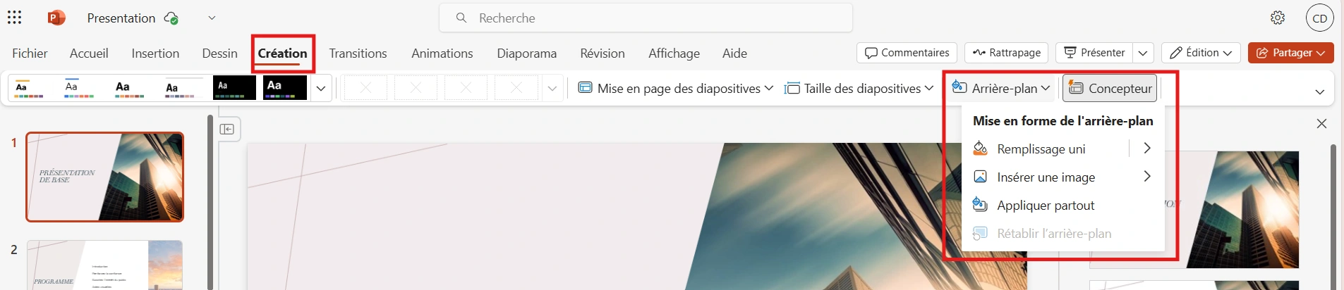 Choisir un fond dans PowerPoint