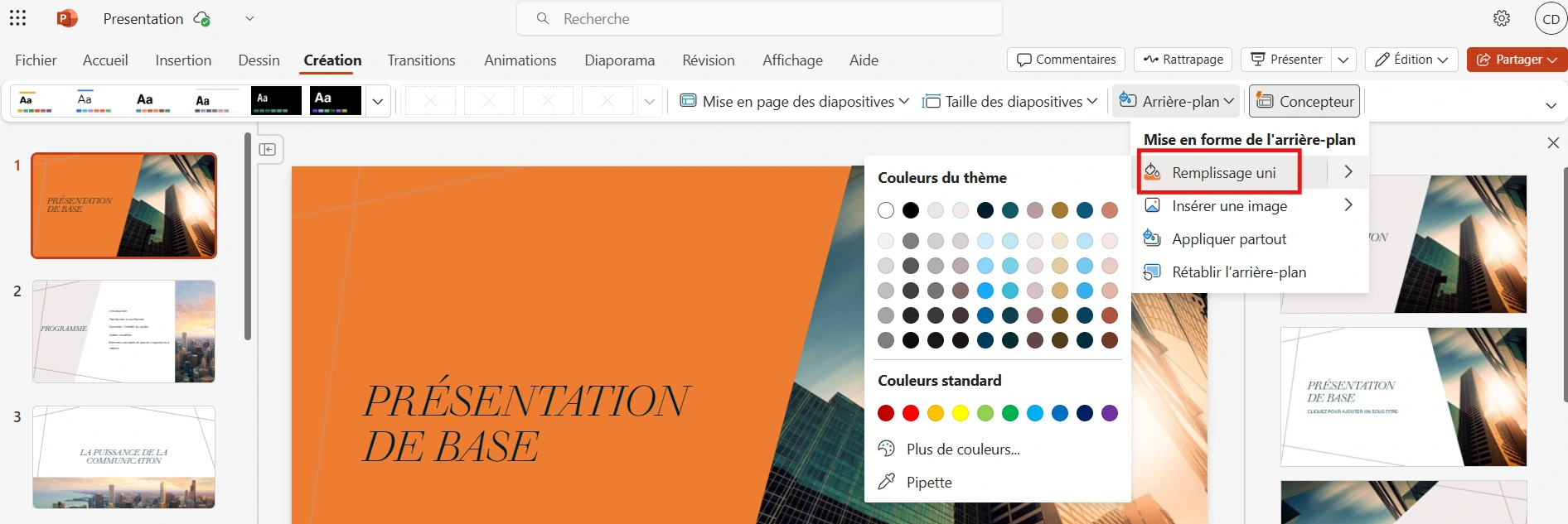 Choix du fond dans PowerPoint 