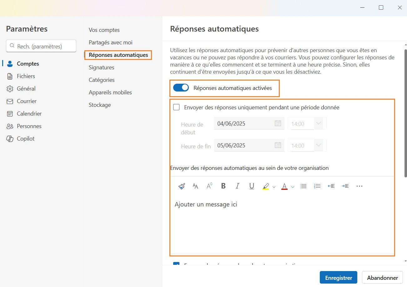 copie d'écran montrant comment créer un message automatique d'absence sur Microsoft Outlook
