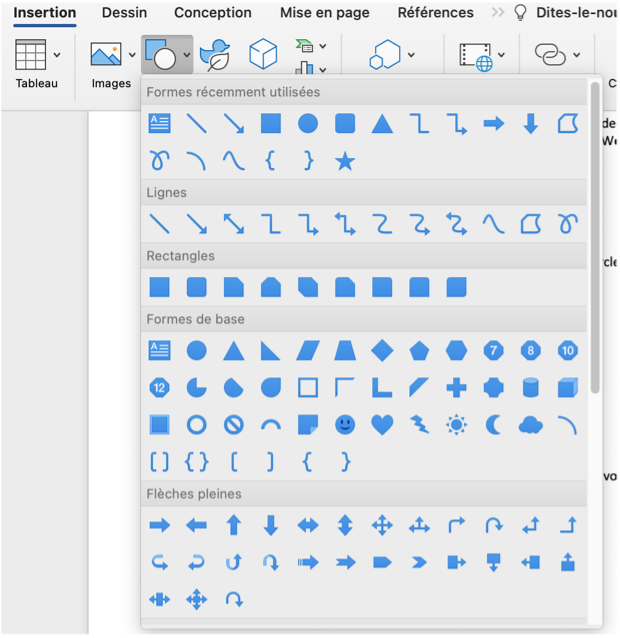 Sélectionner le bouton formes pour dessiner dans Word
