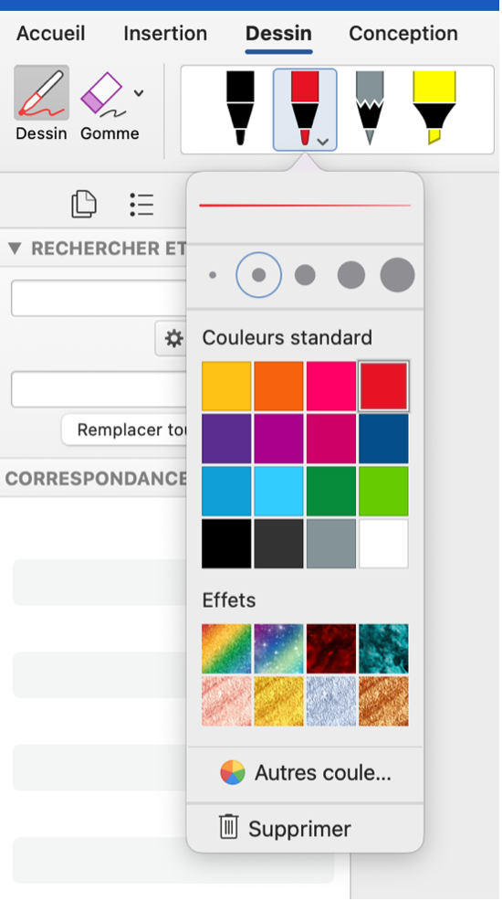 Choix de couleur pour dessin dans un document Word