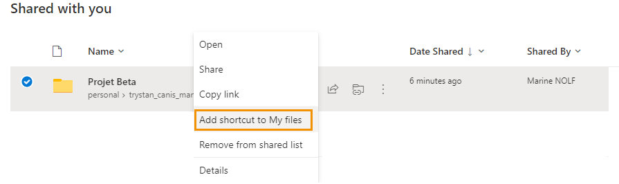 Right-click menu to add shared folder shortcut in OneDrive
